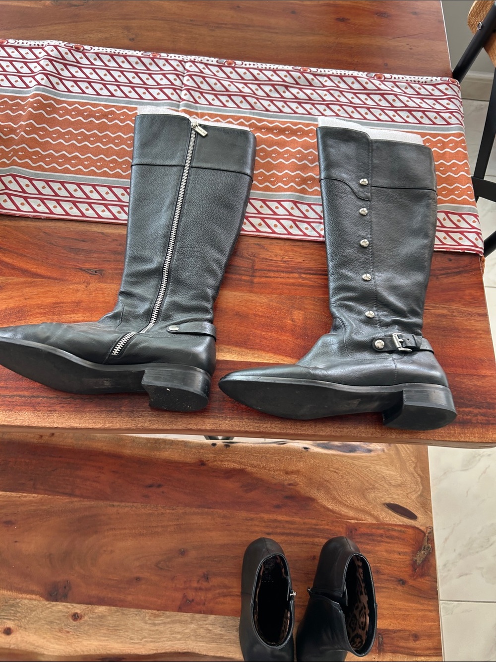 Black Knee-High Leather Riding Boots with Button Detail